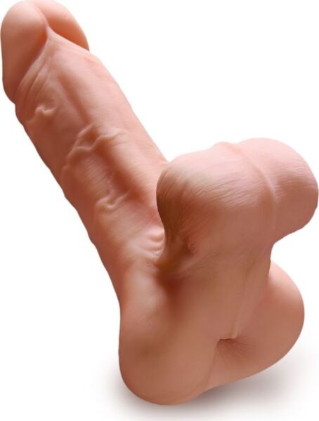 PDX Male Reach Around masturbator with an anal opening, penis-shaped exterior with raised veins and realistic testicles