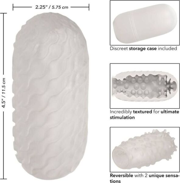 White CalExotics Boundless Reversible Nubby Stroker masturbator next to its case