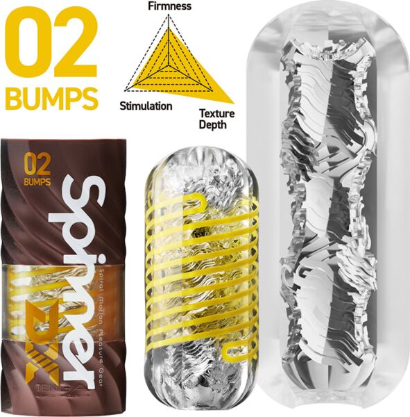 Tenga Spinner DX 02 Bumps masturbator with its case and drying stand