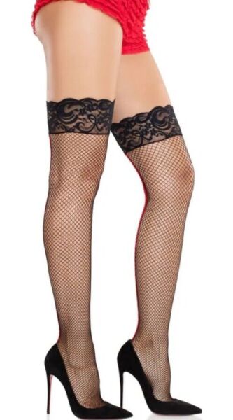 Leg Avenue May 9992 fishnet stockings with floral lace on the thigh and a back seam