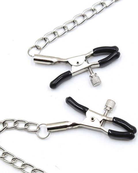 Black OHMAMA ball gag with chains and nipple clamps