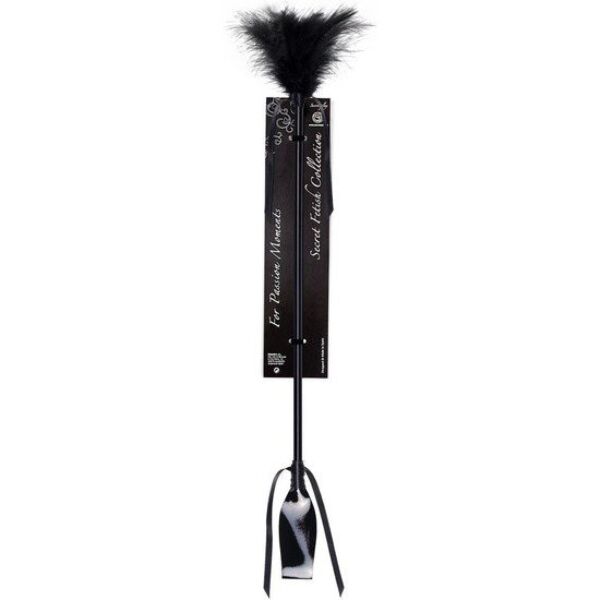 Secret Play Plumero & Fusta riding crop with feather tickler, with the patent leather crop at one end and the feathers at the other
