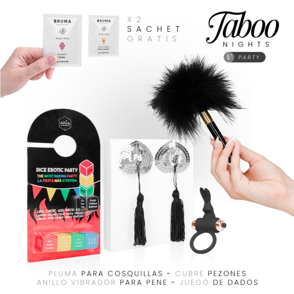 Taboo Nights 5: Party erotic toy pack with dice game, vibrating ring, nipple covers, feather tickler and lubricant gels