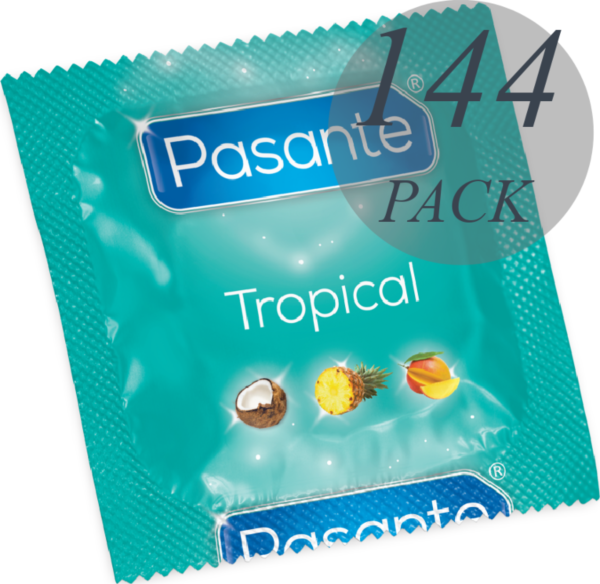 Box of 144 Pasante Tropical condoms in mango, pineapple and coconut flavours