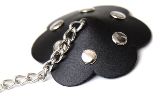 Black petal-shaped Ohmama Fetish nipple covers with their metal chain