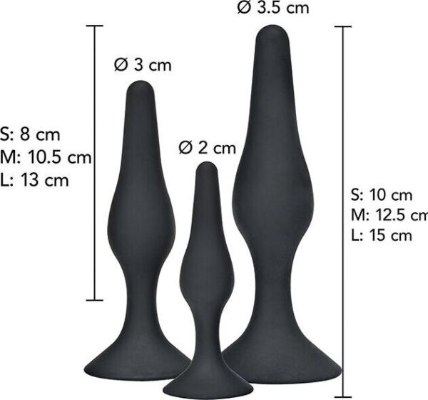 Three ToyJoy Curvy Companions butt plugs in different sizes, with curved shapes and wide bases