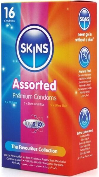 Box of Skins Assorted Condoms 16 Pack with vanilla scent