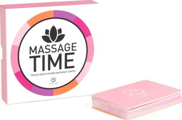 Box of the Secret Play Massage Time couples massage game, with its cards and dice