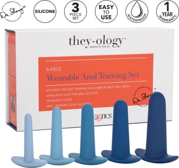 CalExotics They-ology 5-Piece anal trainer set, with the five blue trainers lined up by size