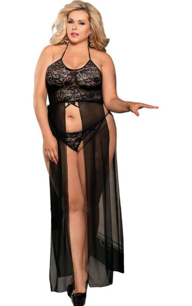 Black Subblime Queen Plus lingerie set with a dress-style top, floral lace, sheer panels and thong