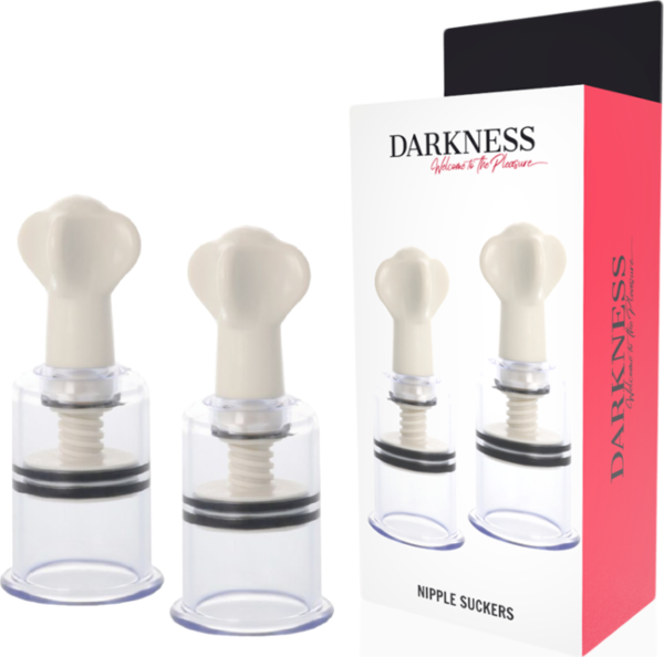 Darkness nipple suckers, set of two white and clear plastic cups with a handle