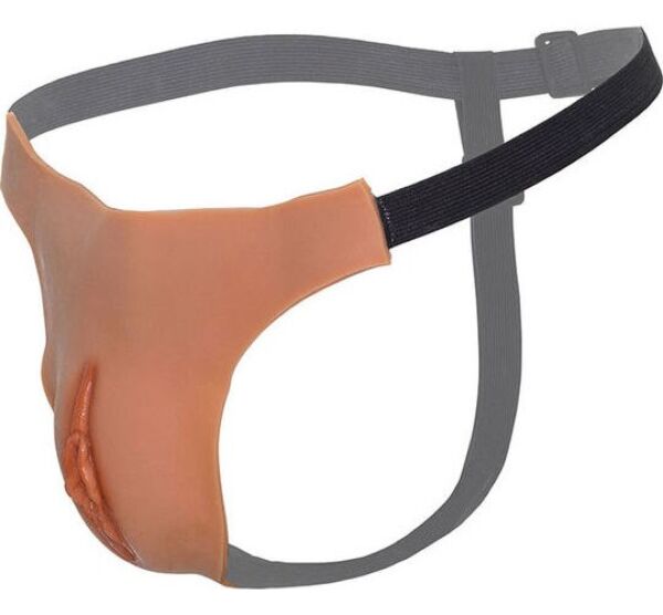Hidden Desire Open Vagina String silicone thong in a light skin tone, with an open vagina and adjustable straps