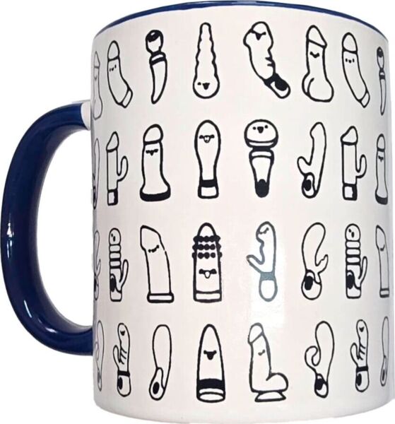 Diablo Picante vibrator mug with a white exterior, vibrator illustrations and a blue handle