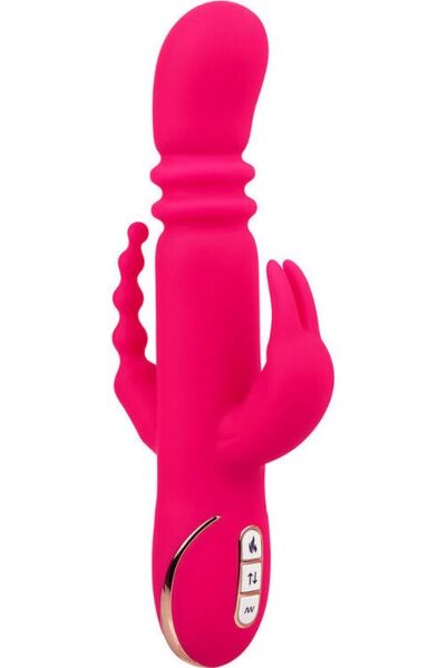 CalExotics Jack Rabbit Signature Triple Fantasy rabbit vibrator in pink, showing the shaft, ears and tail