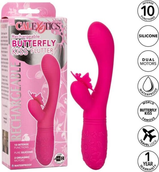 Pink CalExotics Butterfly Kiss Flutter vibrator, showing the G-spot arm and the butterfly