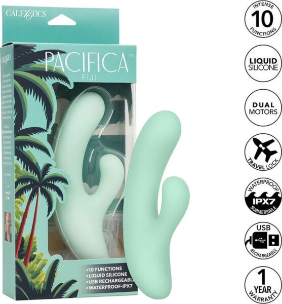 CalExotics Pacifica Fiji G-spot vibrator in clear green silicone, with a curved shaft and a second stimulator