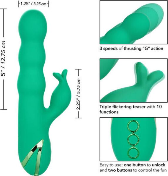 CalExotics Sonoma Satisfier Green G-spot vibrator with its shaft and external teaser