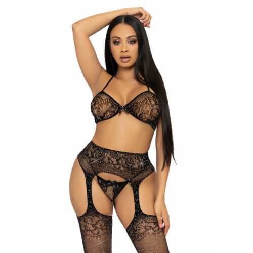 Three-Piece Lingerie Set Leg Avenue with Lace and Rhinestones