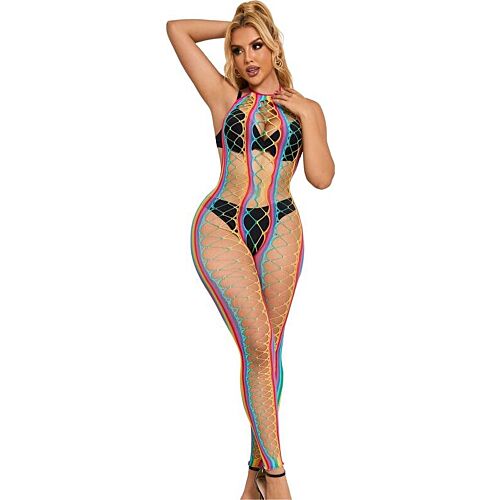 Rainbow Mesh Halter Neck Bodystocking by SUBBLIME