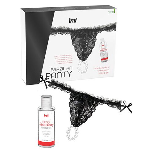 Brazilian Black Panty + Strawberry Sliding Gel | Erotic Lingerie with Stimulating Lubricant