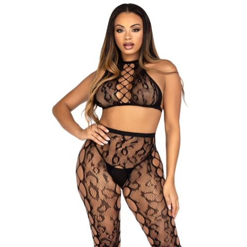 Crop Top & Crotchless Tights Leg Avenue Leopard Effect