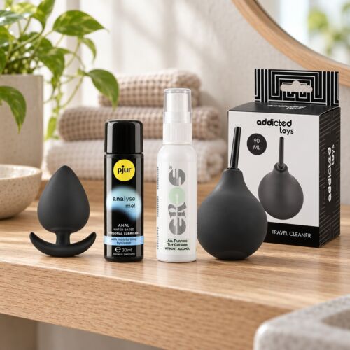 Beginner's anal kit with small silicone plug – lifestyle scene (AI-generated image)