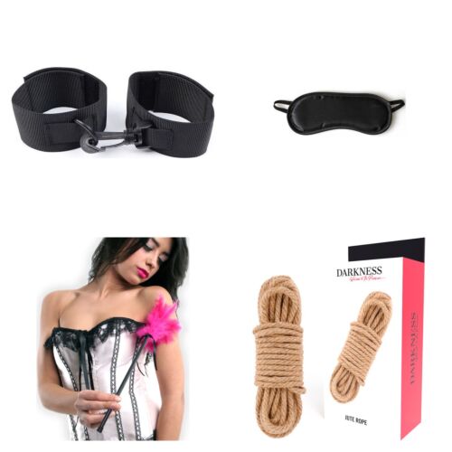 Beginner's soft bondage kit with handcuffs, blindfold, crop and rope