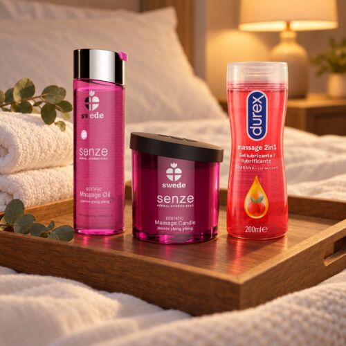 Erotic massage kit with oil, candle and 2-in-1 gel – lifestyle scene (AI-generated image)