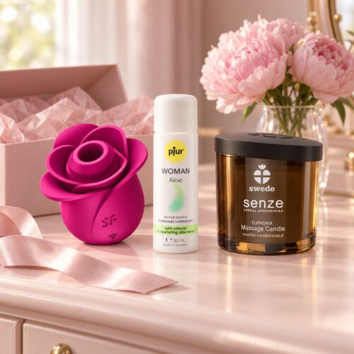 Gift kit for her with Satisfyer Pro 2 and massage candle – lifestyle scene (AI-generated image)