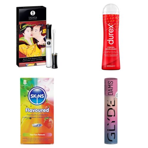 Oral sex kit with gloss, lubricant and flavoured condoms