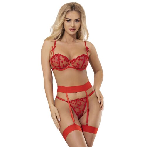 Sexy Lingerie Set SUBBLIME Heart Print Bra Thong Garter Belt