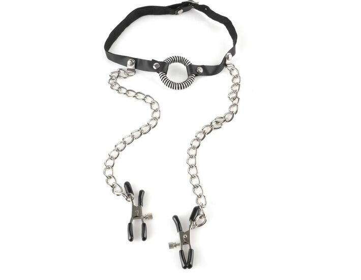 Fetish fantasy gag with nipple clamps