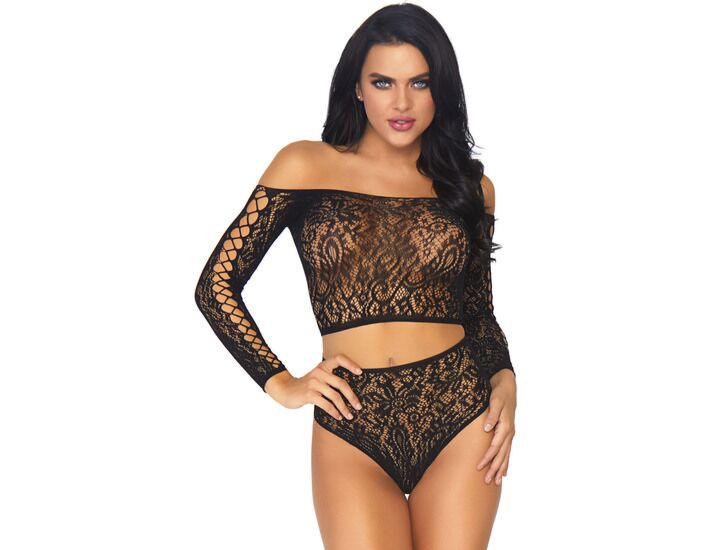 Conjunto top manga larga y tanga - negro
