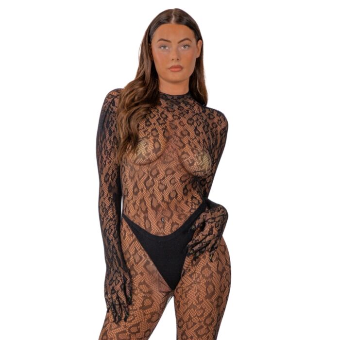 Bodystockings Lace Gloved Leopard Print Catsuit with Open Back Bodystockings Lace Gloved Leopard Print Catsuit with Open Back