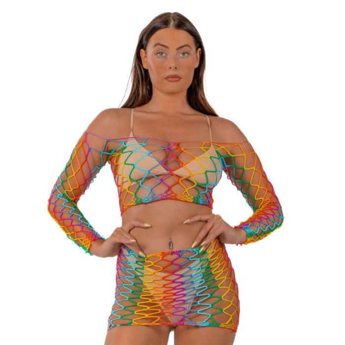 Lace Rainbow Crop Top and Skirt Set with Open-Net Design Lace Rainbow Crop Top and Skirt Set with Open-Net Design