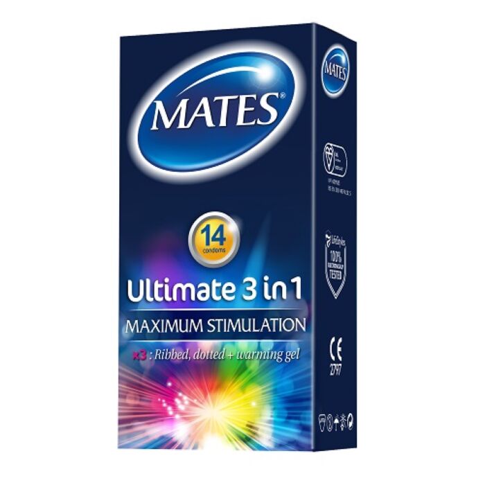 Mates Ultimate 3 in 1 Condoms Ribbed and Dotted Mates Ultimate 3 in 1 Condoms Ribbed and Dotted