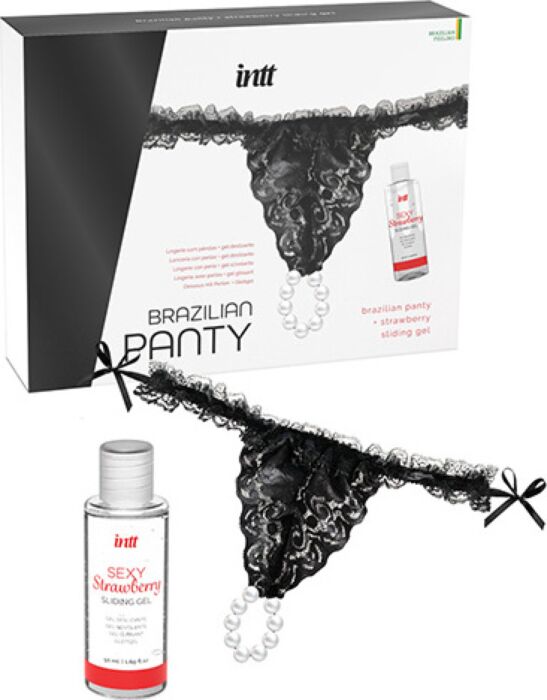 Brazilian Black Panty + Strawberry Sliding Gel | Erotic Lingerie with Stimulating Lubricant Brazilian Black Panty + Strawberry Sliding Gel | Erotic Lingerie with Stimulating Lubricant