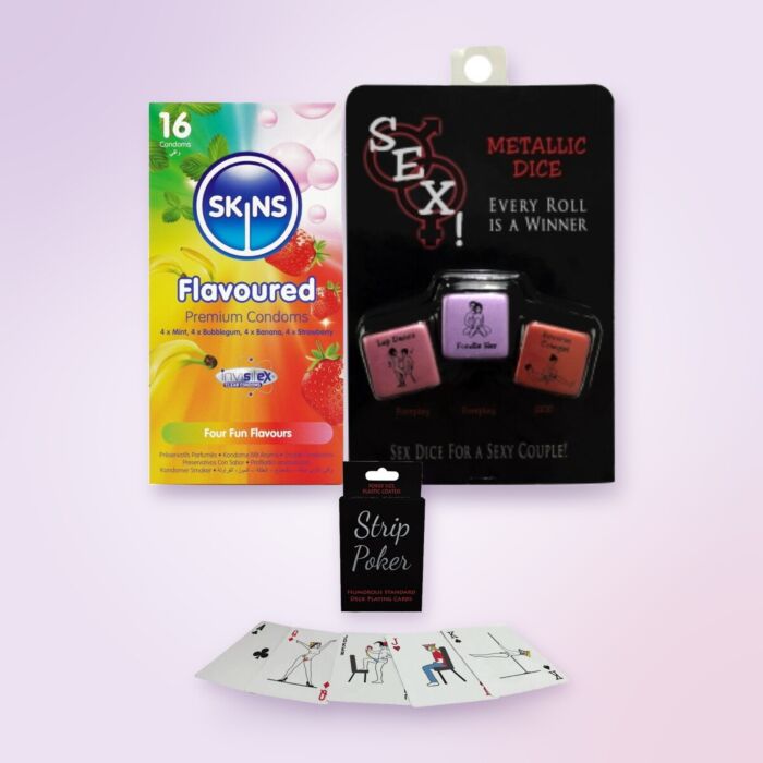 Joke Secret Santa gift kit with Strip Poker, dice and condoms
