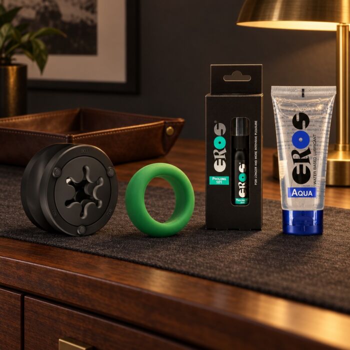 Men's kit with Fun Factory reusable masturbator, cock ring and spray – lifestyle scene (AI-generated image)