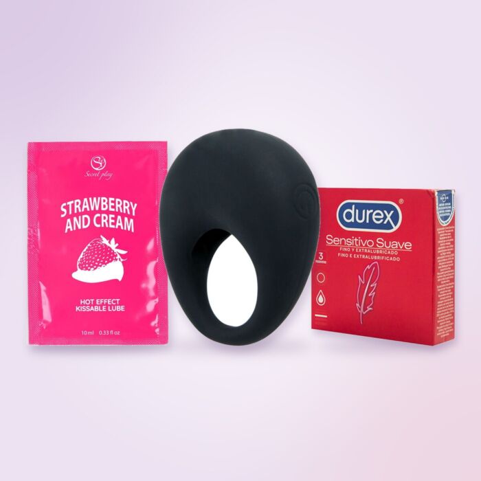Couples kit with Pretty Love vibrating ring, condoms and lubricant