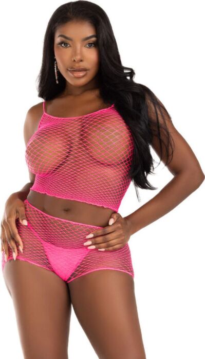 Leg Avenue Set Fuchsia Mesh Top & Shorts - Sexy Style