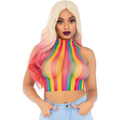 High neck fishnet crop top with print - rainbow