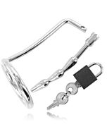 Testiculos hard metal ring with urethra plug chastity