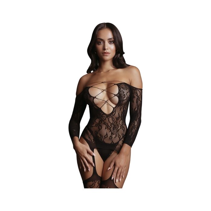 Le désir - long sleeve bodysuit with garters - black