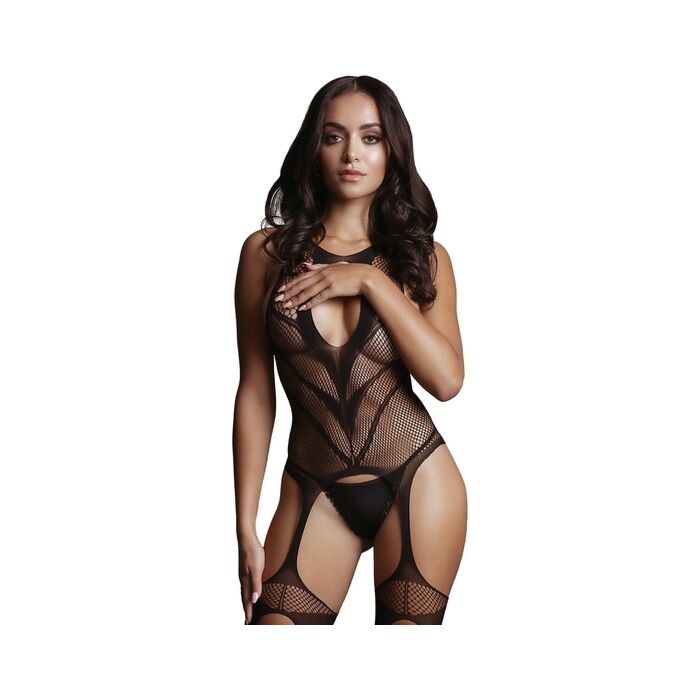 Le désir - mesh bodysuit with garters - black