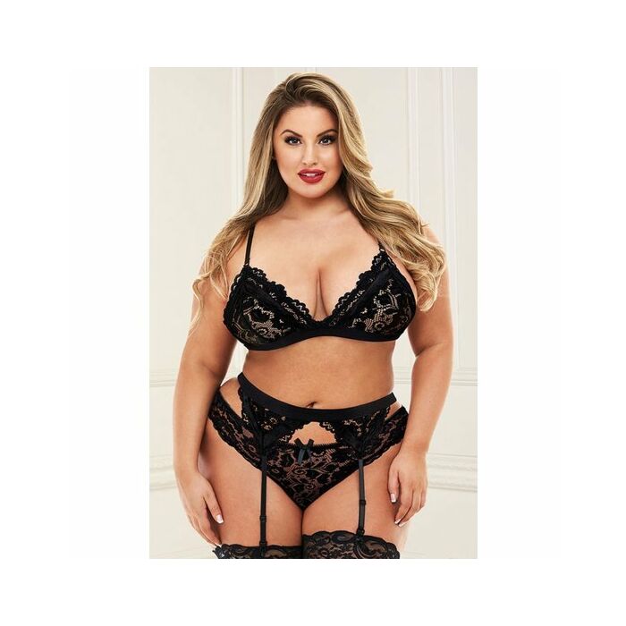 3pc lace garter set black - encaje con liguero