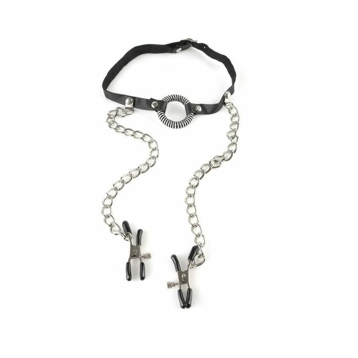 Fetish fantasy gag with nipple clamps
