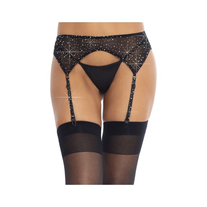 Rhinestone appliqué garter belt - black
