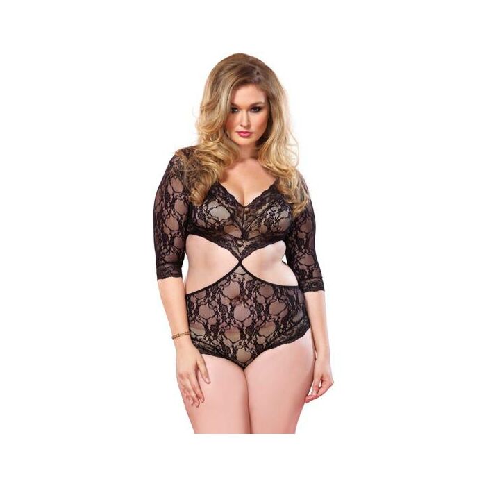 Leg avenue floral lace teddy with deep neckline plus simulating two-piece black