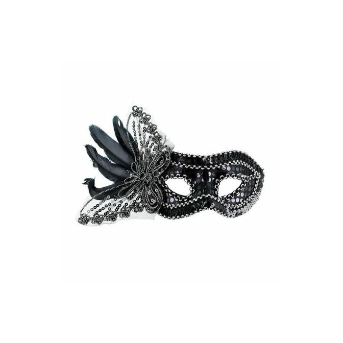 Venetian mask black finish feathers